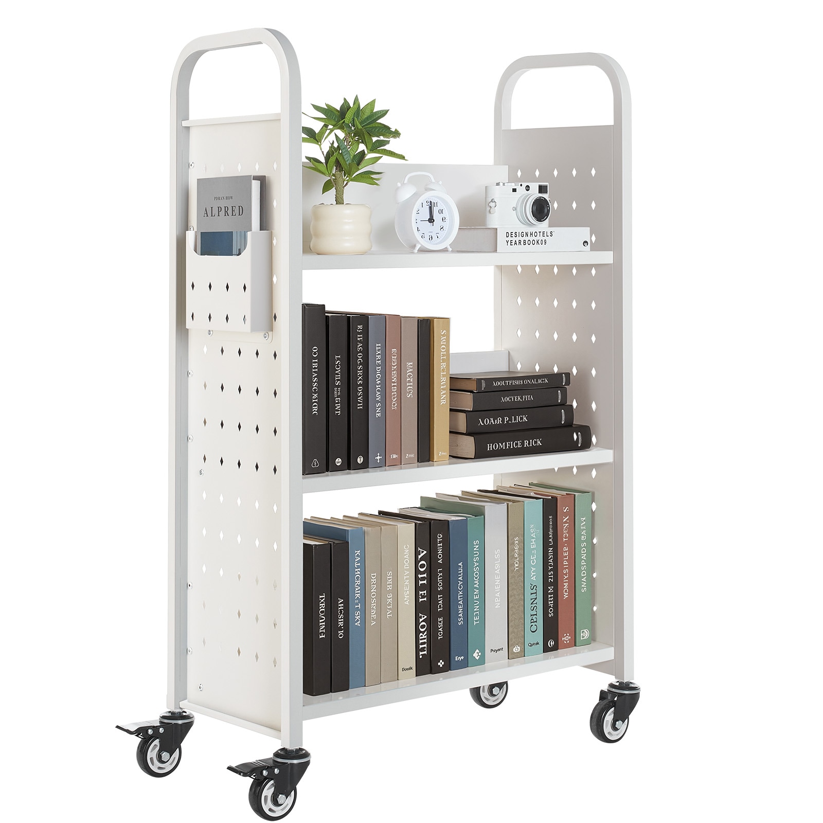3-tier Rolling Book Cart With Single Sided L-shaped Shelving Unit_voghion.com